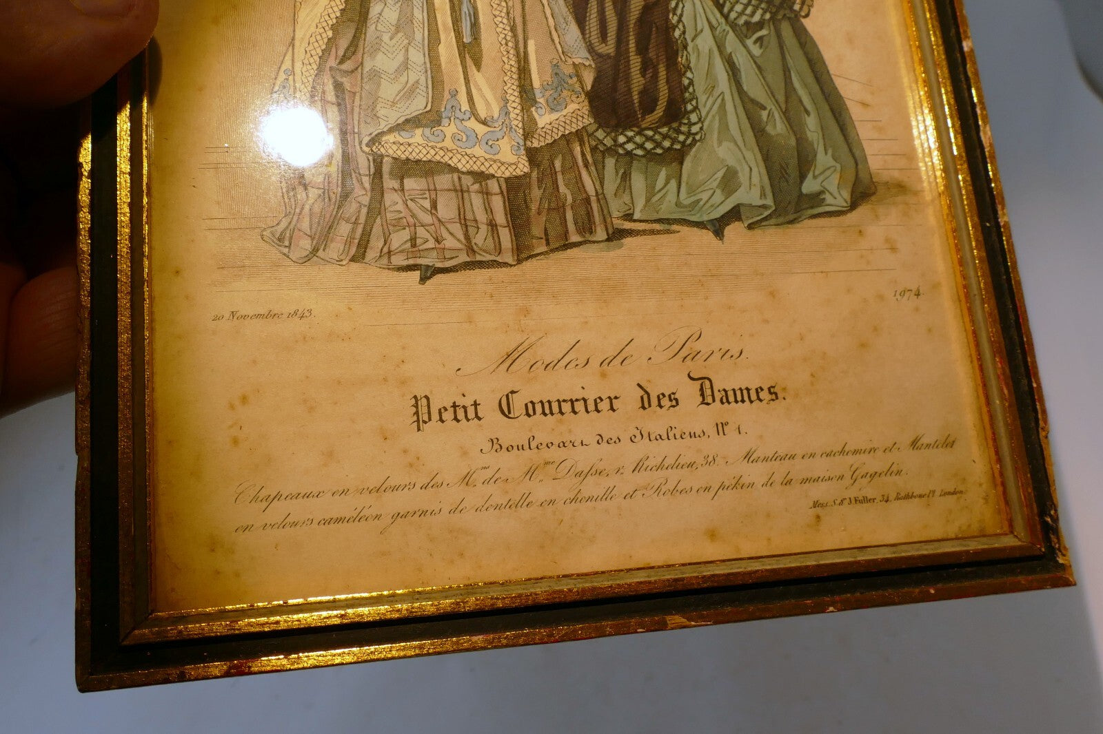 French Antique 1843 Hand coloured engraving Petit Courier des Dames Modes Paris