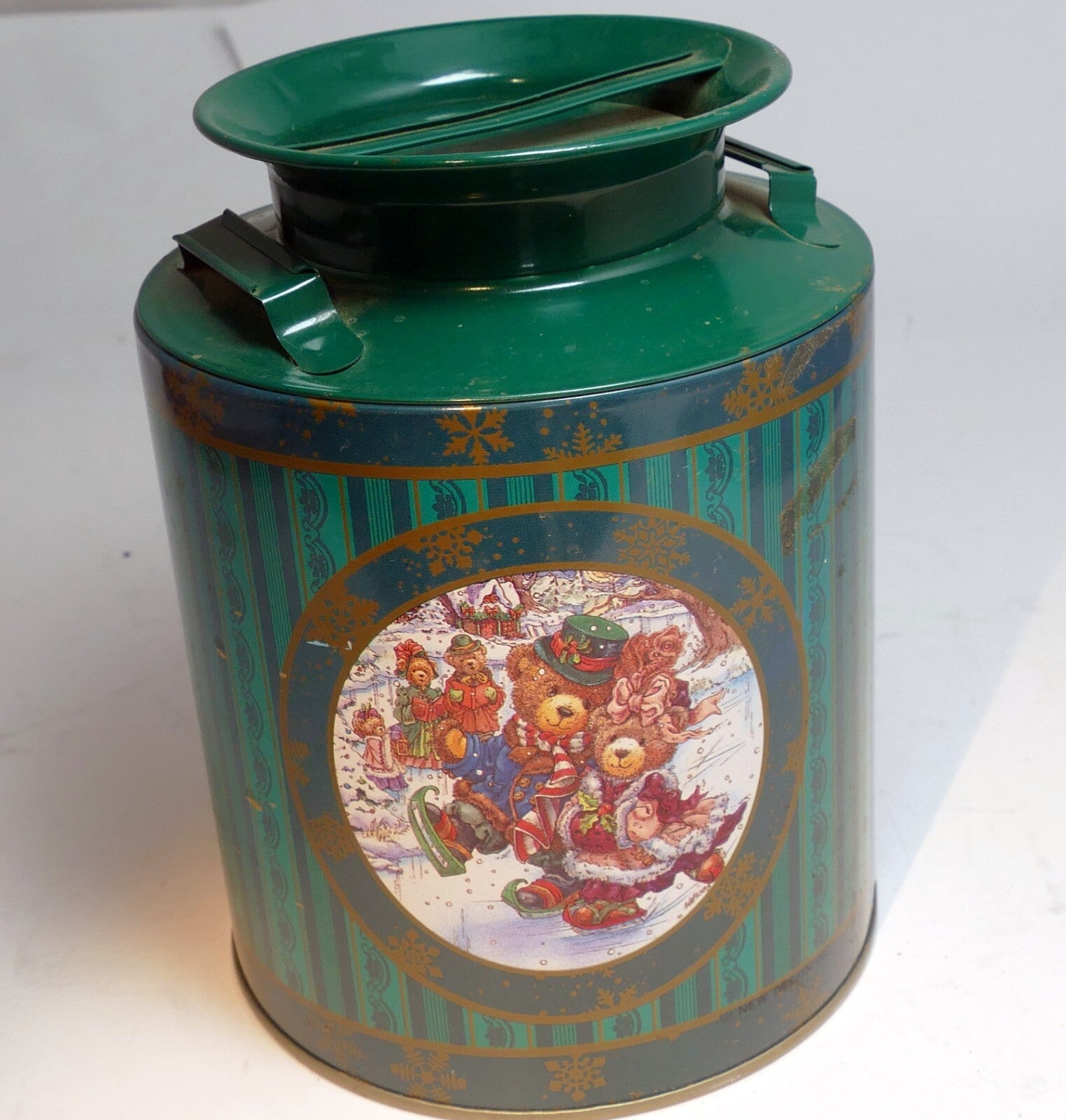 Metal tin christmas round cookie candy jar container bear skating ice