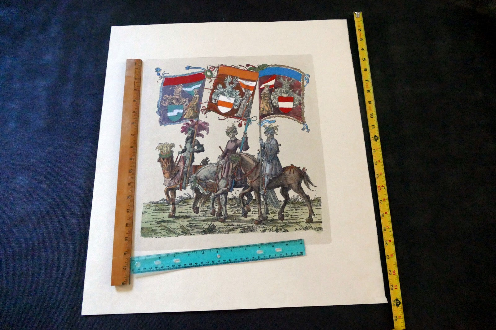 KNIGHT Flag Bearer HAND COLORED ENGRAVING large 21X24"