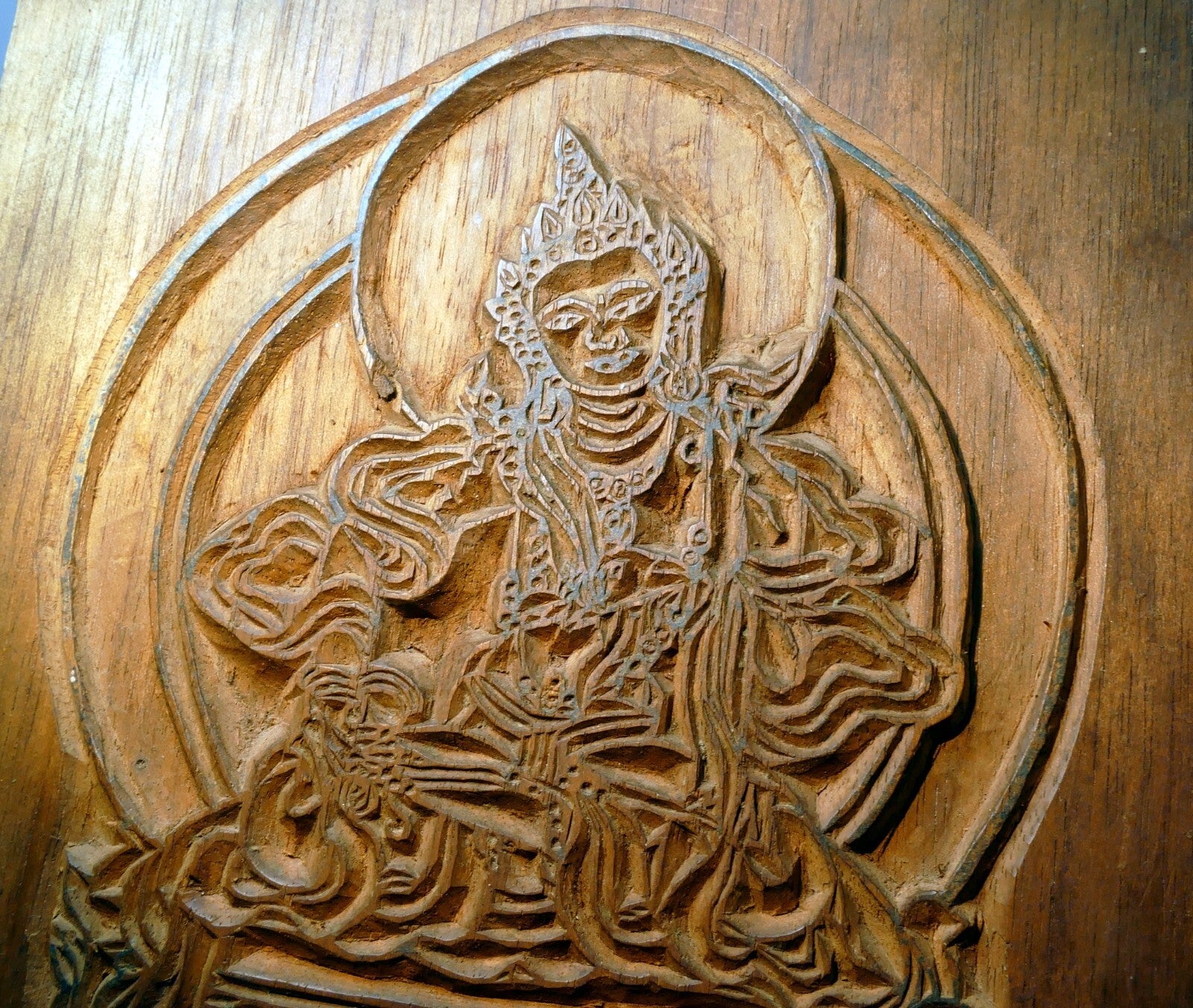 Hand carved tibetan buddhist woodblock stamp nepal vintage 7x7"