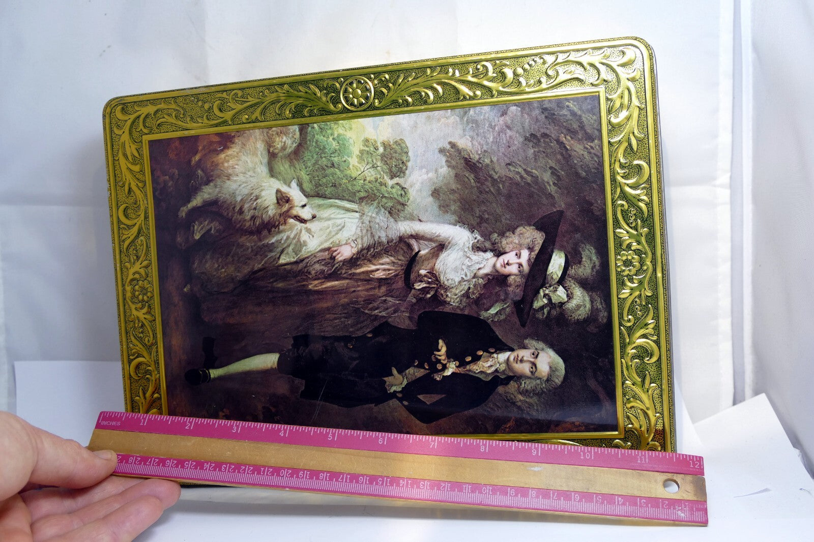 KALAR STRUDEL DECORATIVE TIN VICTORIAN COUPLE WITH DOG WALK 9X12" large