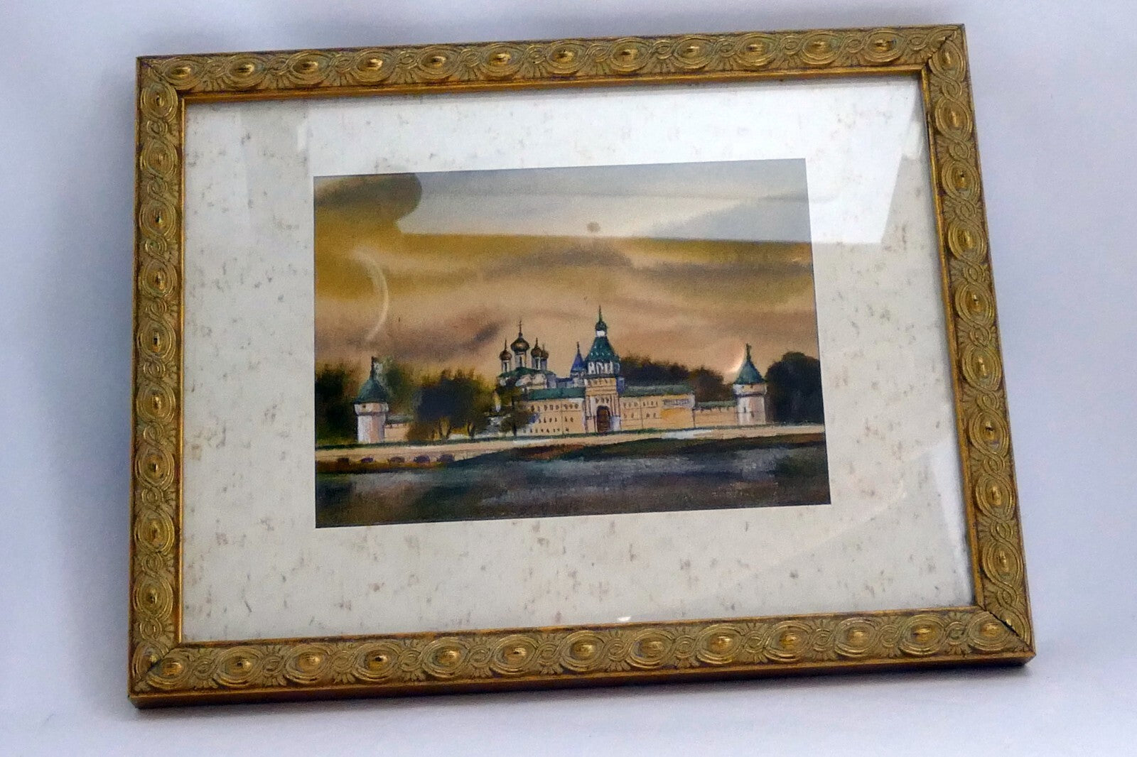 Watercolor Russia village byzantine church Art framed Russia 1990's