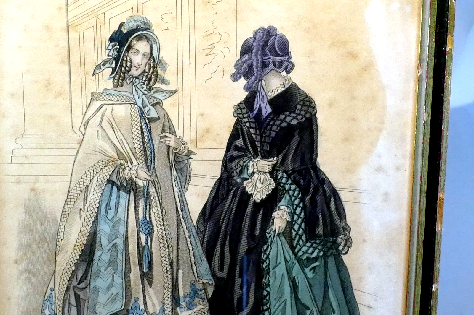 French antique 1843 hand coloured engraving petit courrier des dames modes paris