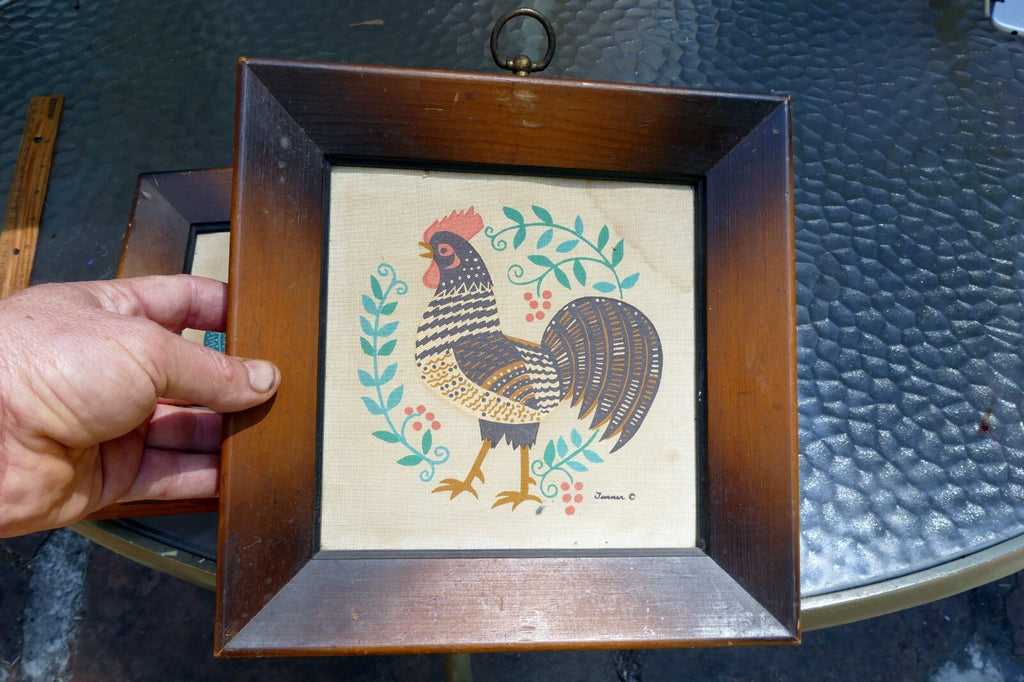 Set of two Rooster On Cloth Wood Framed Turner Co 1970 Home decor picture bird