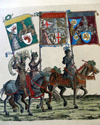 Knight flag bearer hand colored engraving large 21x24"