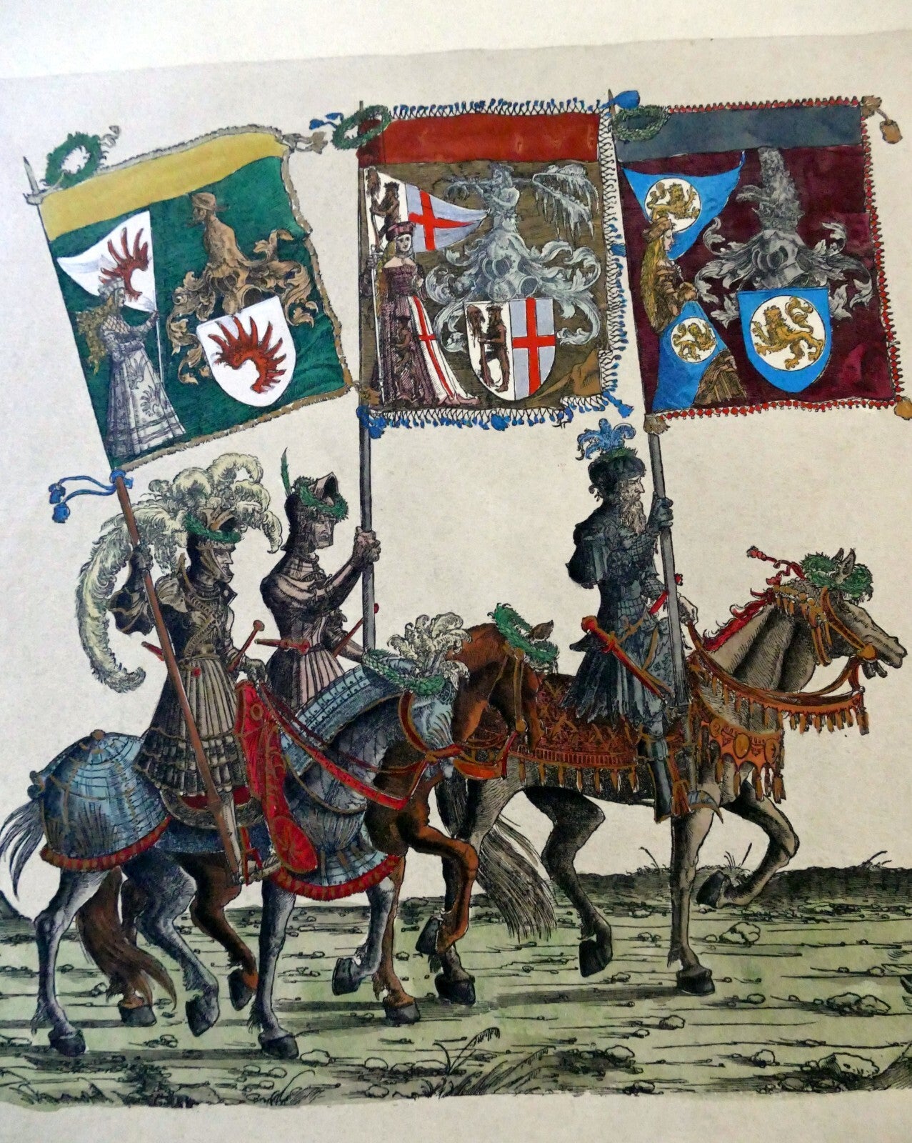 Knight flag bearer hand colored engraving large 21x24"