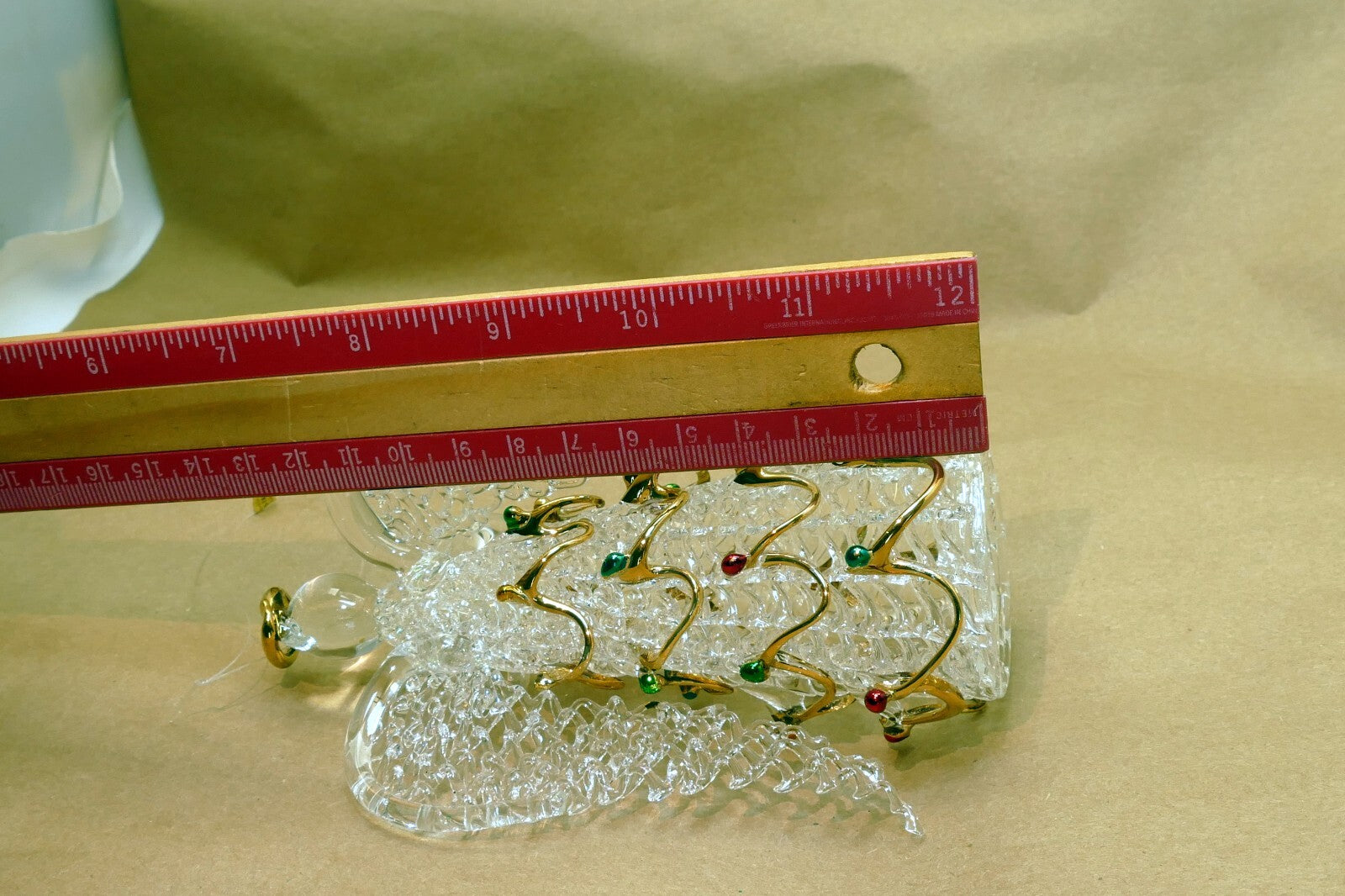 Spun Glass Crystal Christmas Ornament  gold green red hanging 6" tall Angel