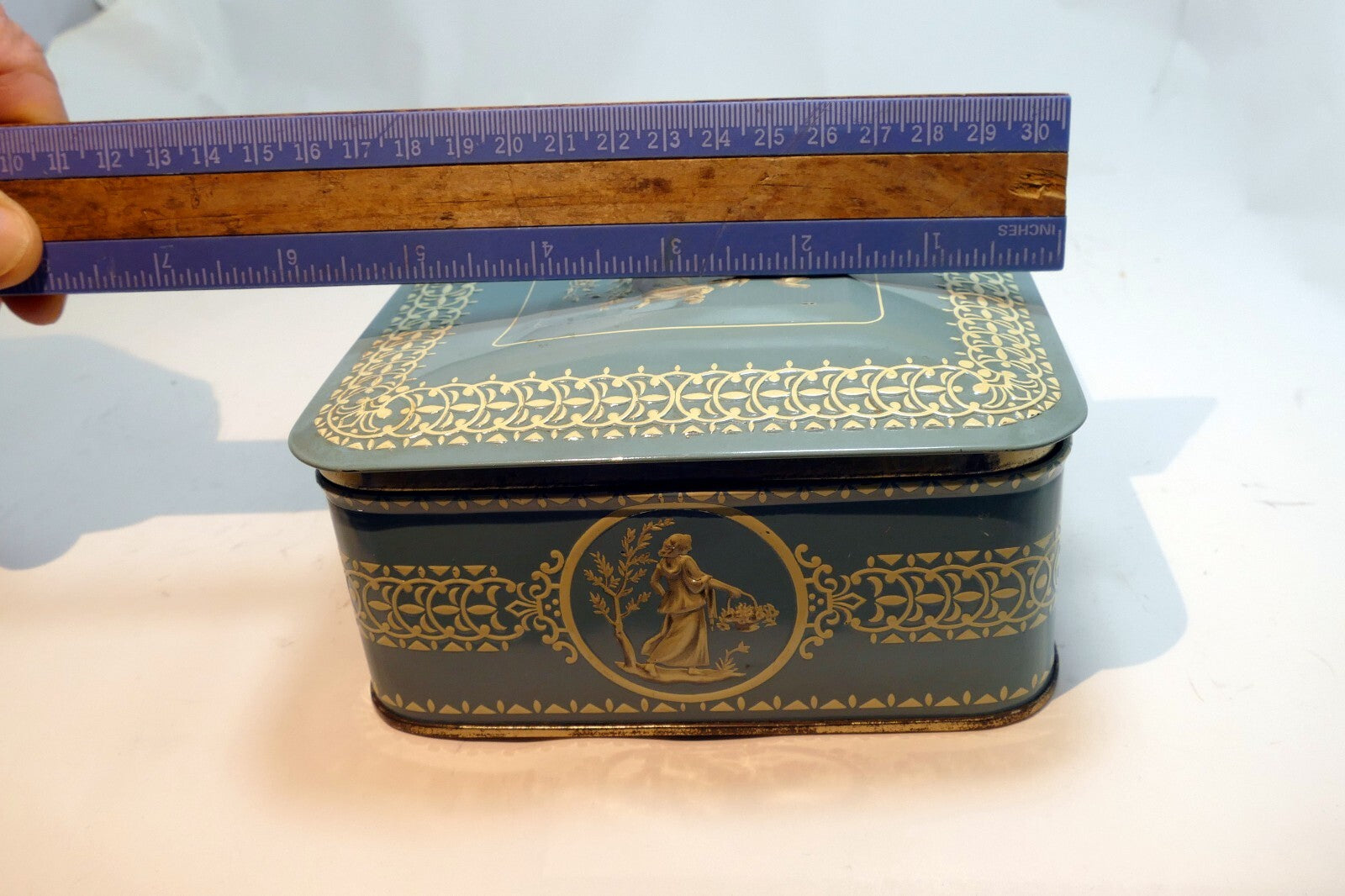 Wedgewood-Style Candy Tin Made in Holland blue teal white  girl with cherubs