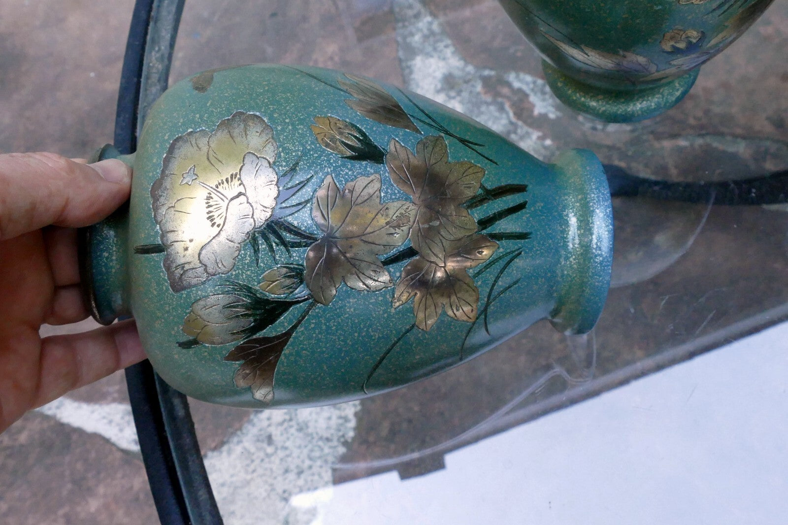 Pair Of Antique Japanese Brass Vases set of two mixed metal
