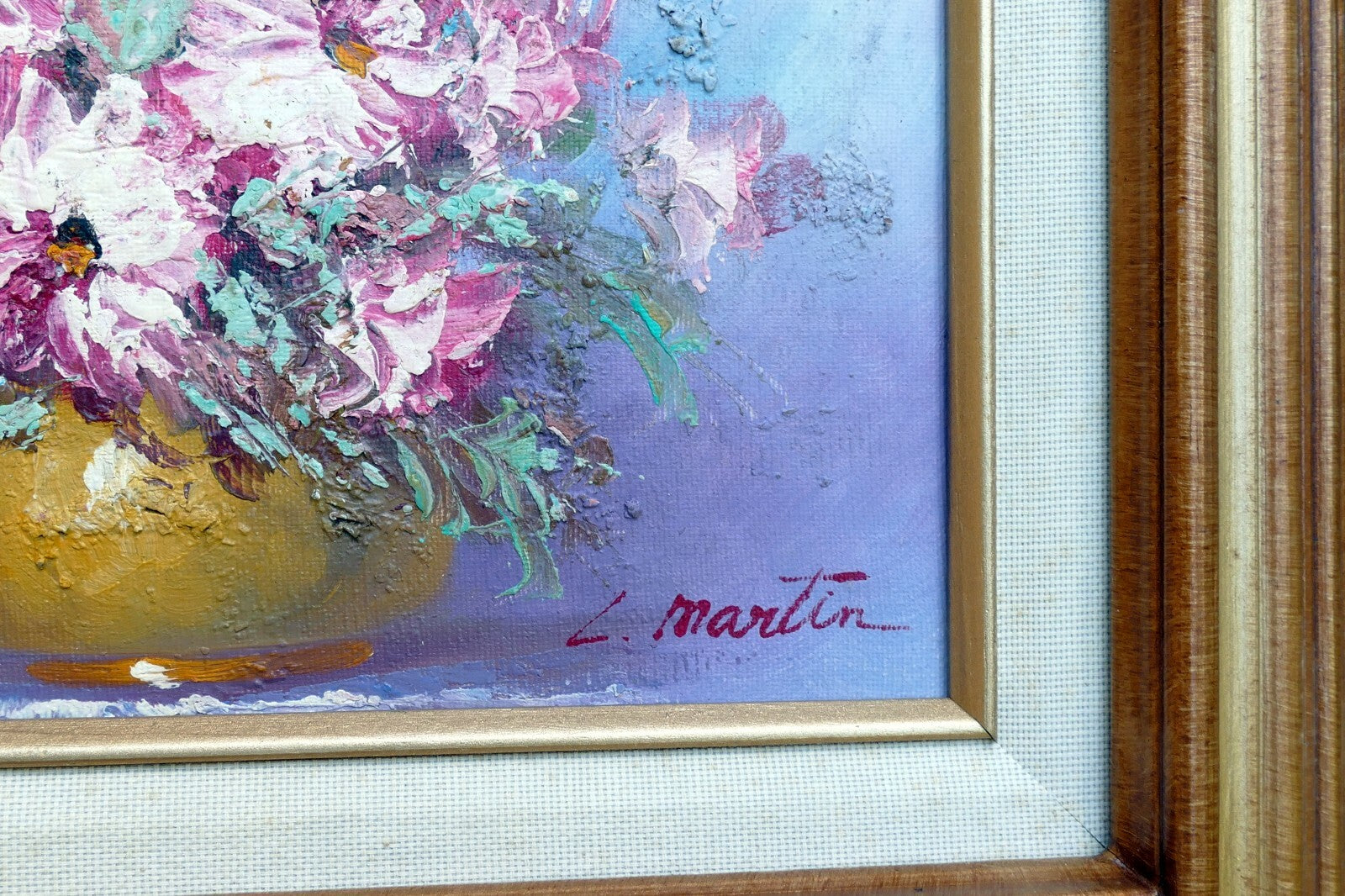 Painting Oil On Canvas L Lupe Martin Pink flowers heavy texture original 8X10"