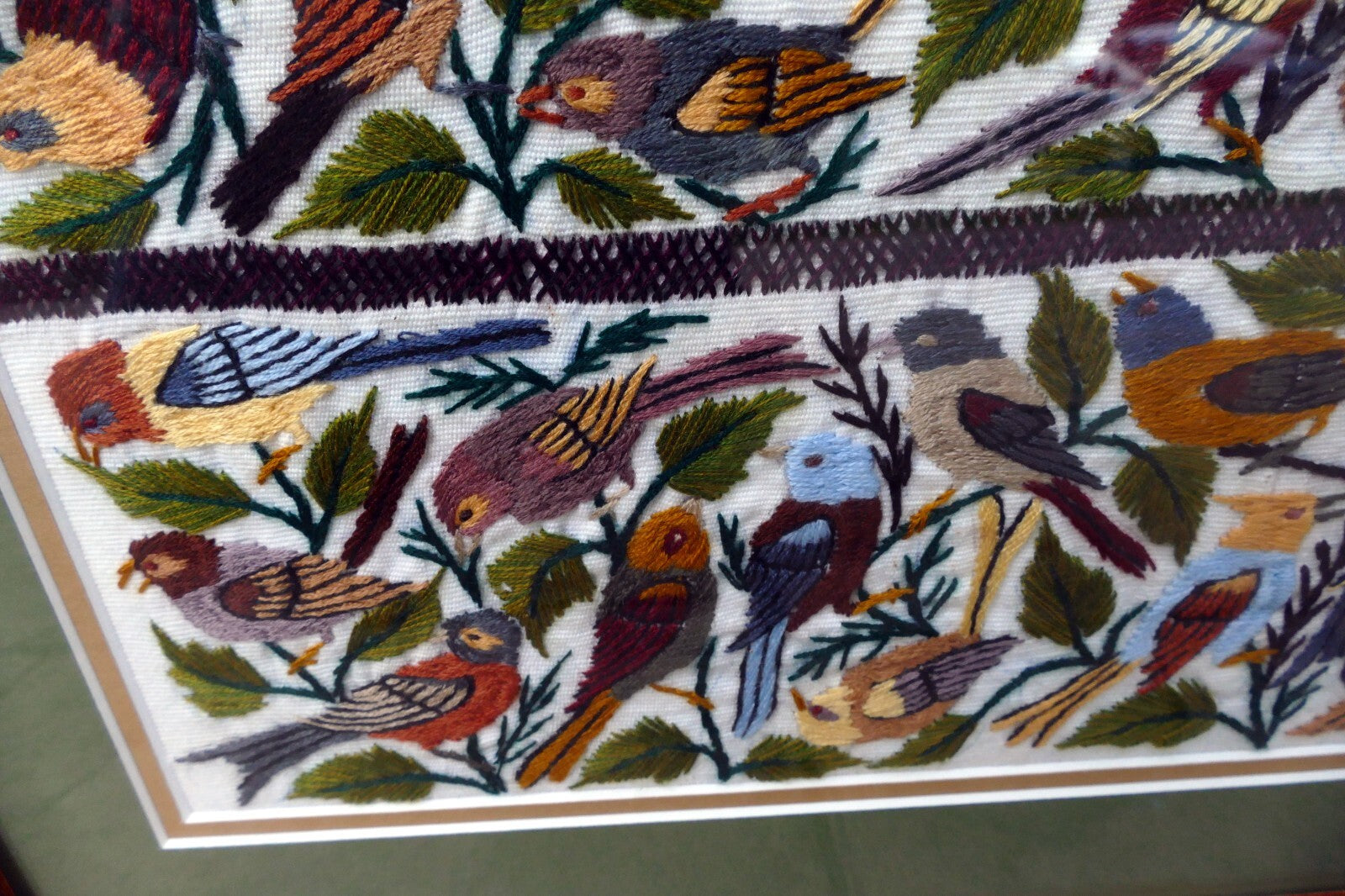Large Bird Finch Cardinal Cross Stitch Needle Point Folk Art 15X15" Framed