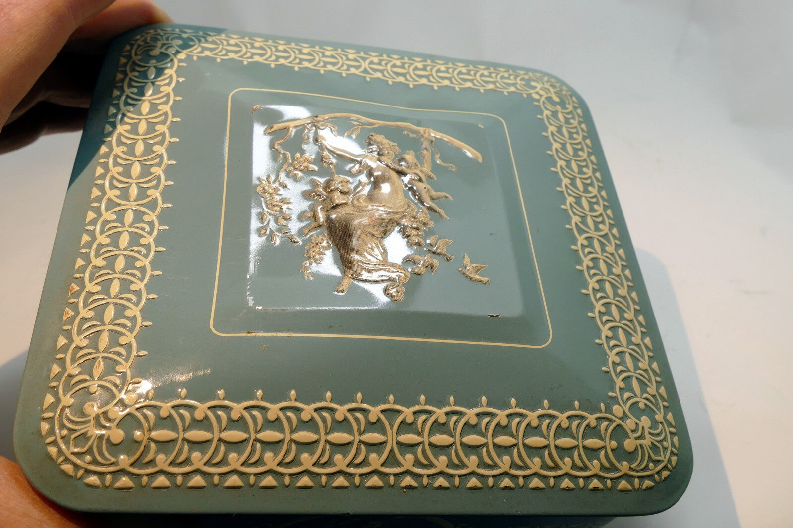 Wedgewood-Style Candy Tin Made in Holland blue teal white  girl with cherubs