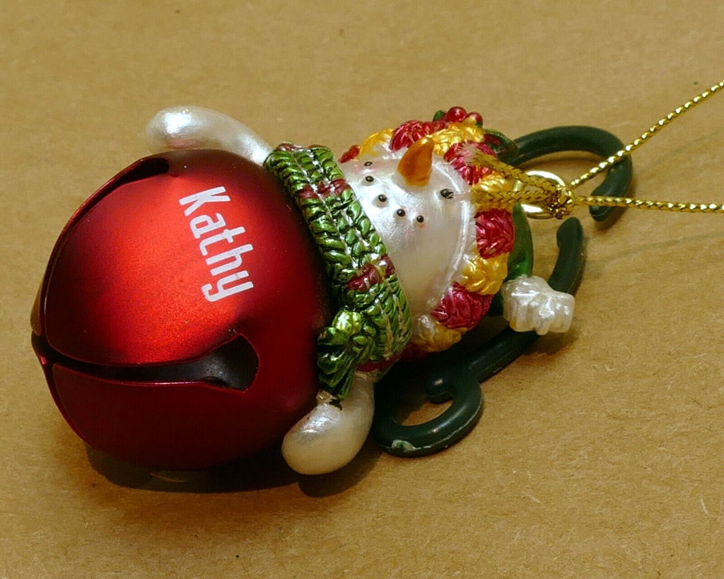 "kathy" christmas ornament 2" snowman with metal bell