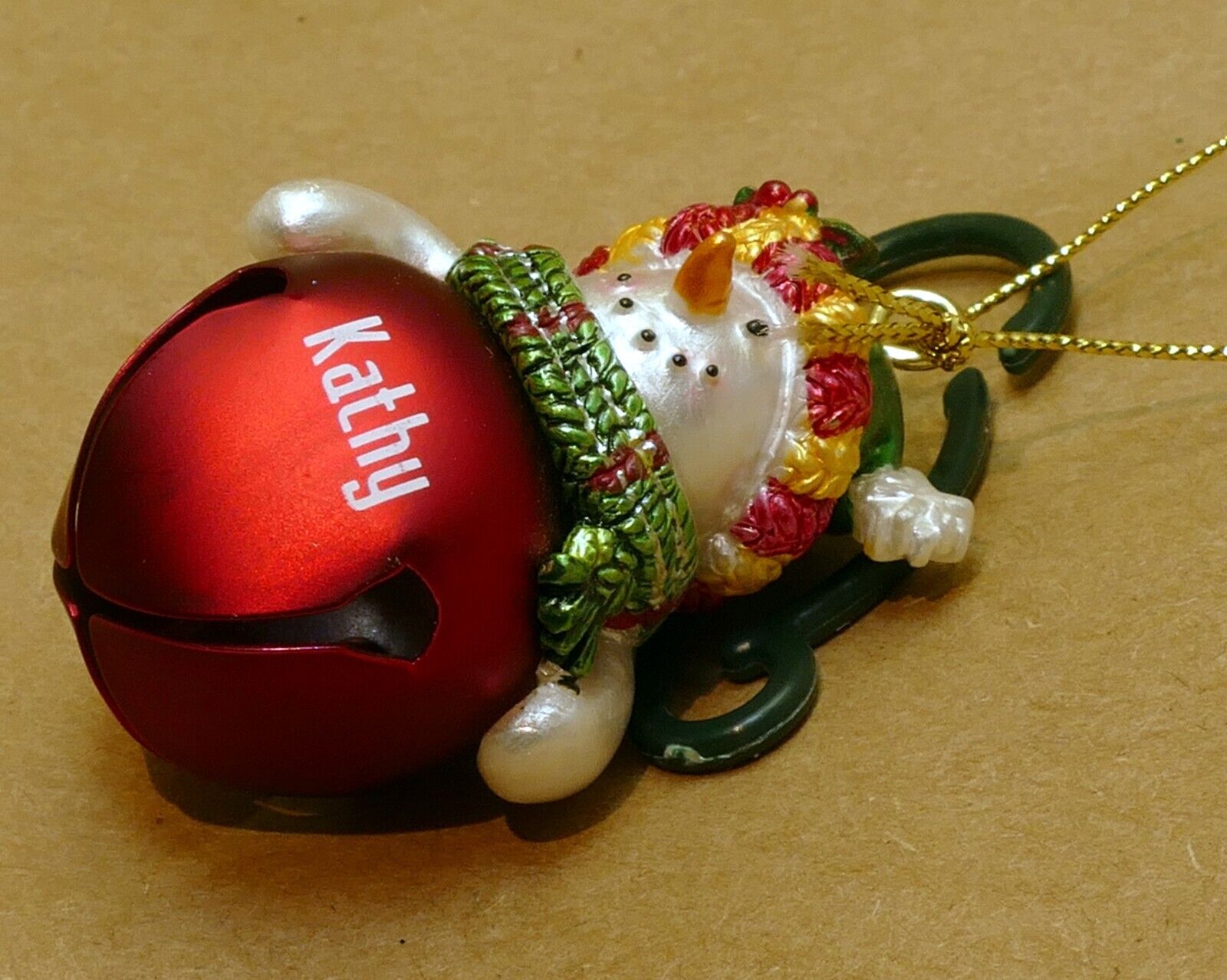 "kathy" christmas ornament 2" snowman with metal bell