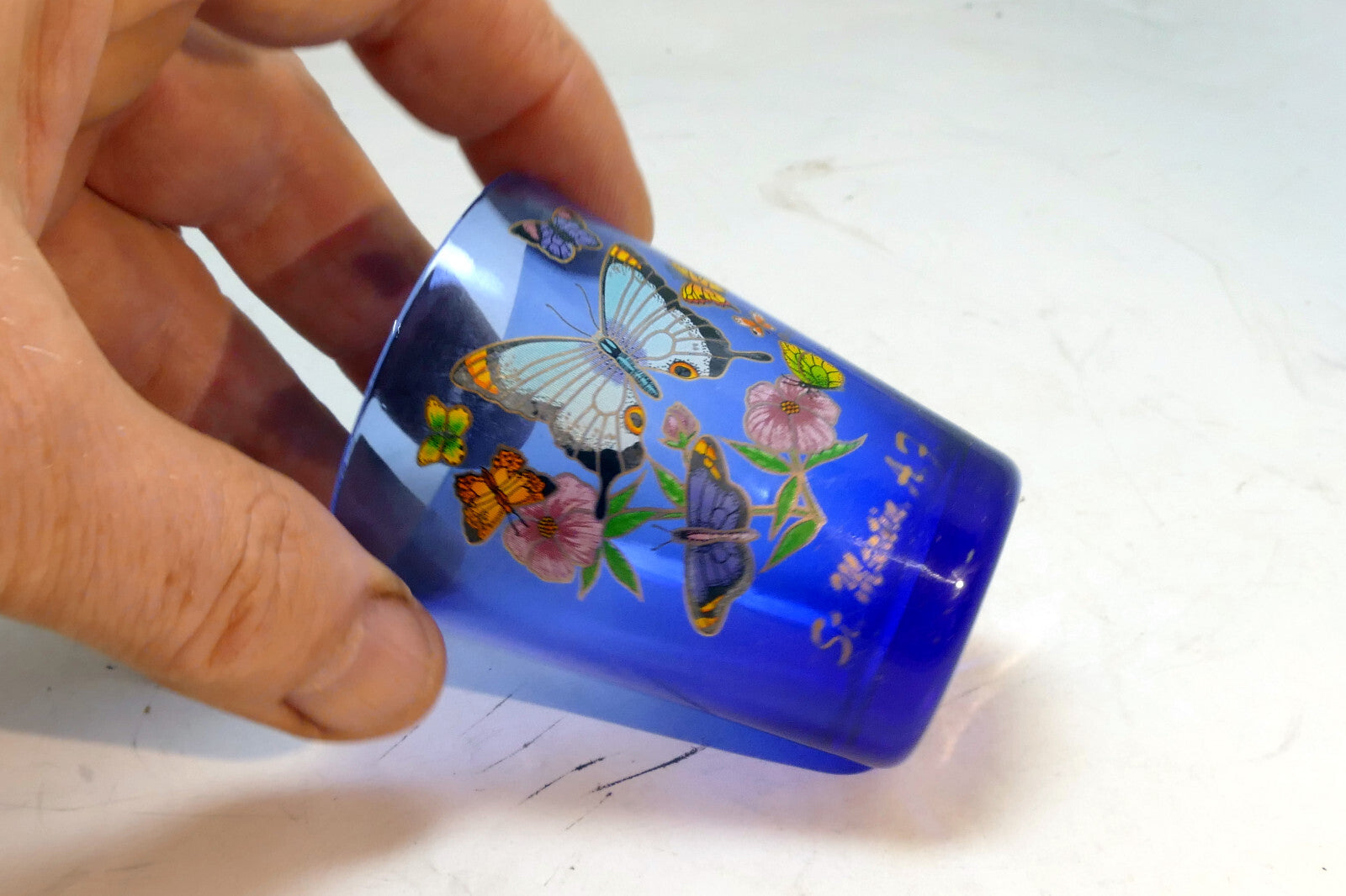 ST. MARTIN A.F. Shot Glass 2 oz with Butterflies Blue glass