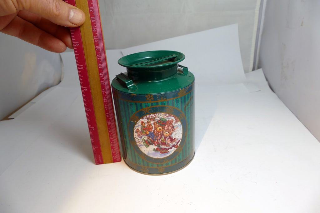 Metal Tin Christmas Round Cookie Candy Jar Container  Bear skating ice