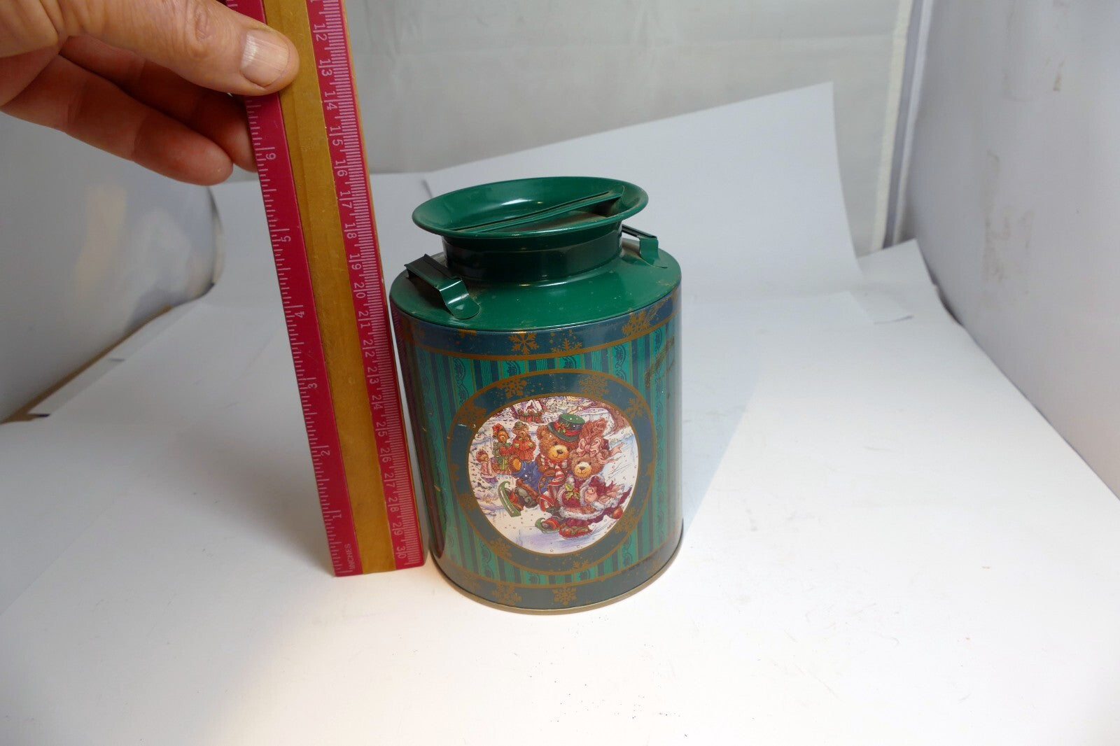 Metal Tin Christmas Round Cookie Candy Jar Container  Bear skating ice
