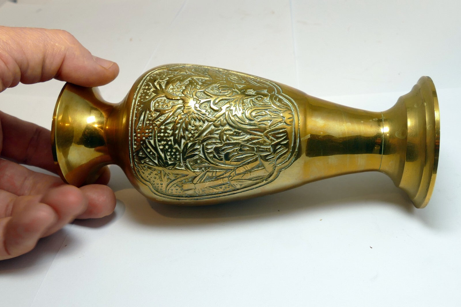 Floral Etched Solid Brass Vase Bulbous Bottom Flared Pedestal Base Vintage  6”