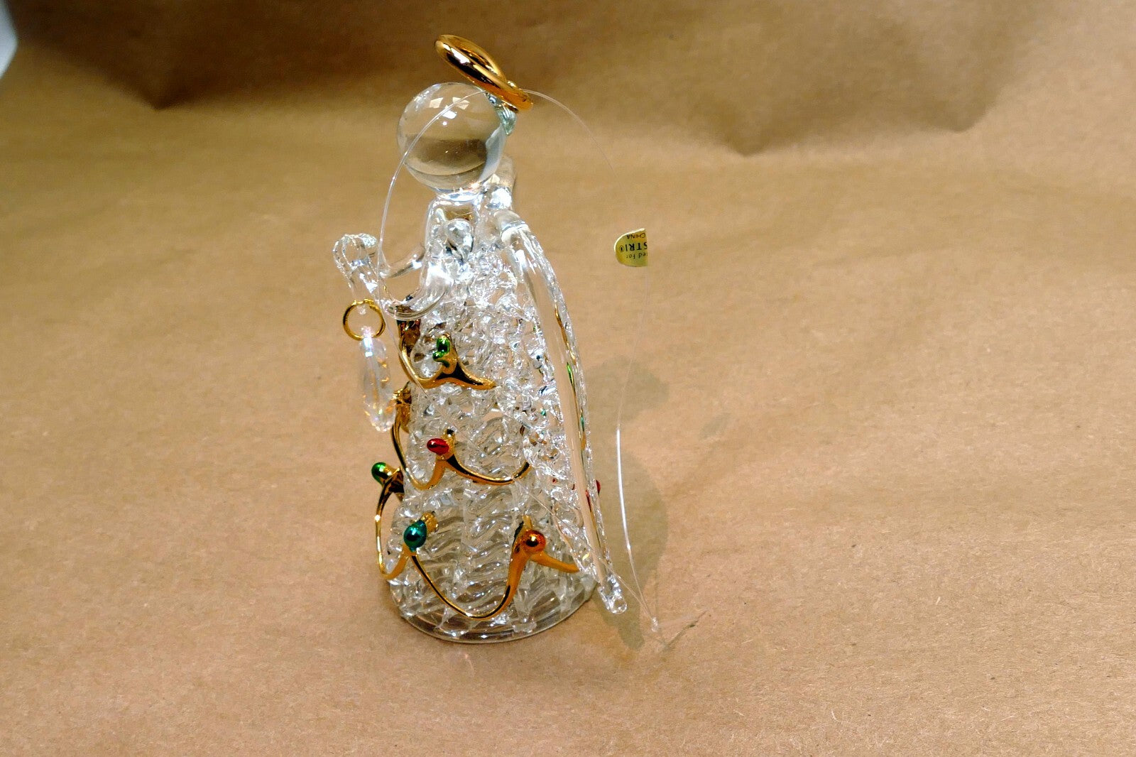 Spun Glass Crystal Christmas Ornament  gold green red hanging 4" tall