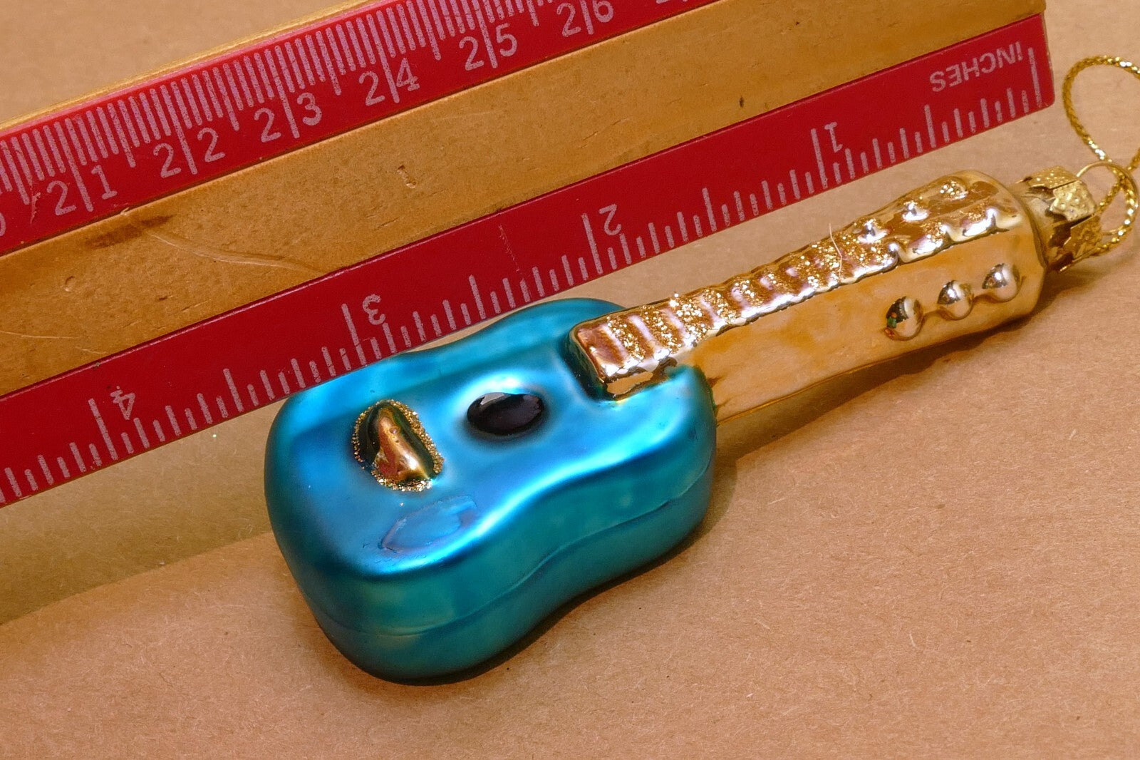 Thomas Pacconi Glass Guitar  Christmas Ornament gold blue music strings  3"
