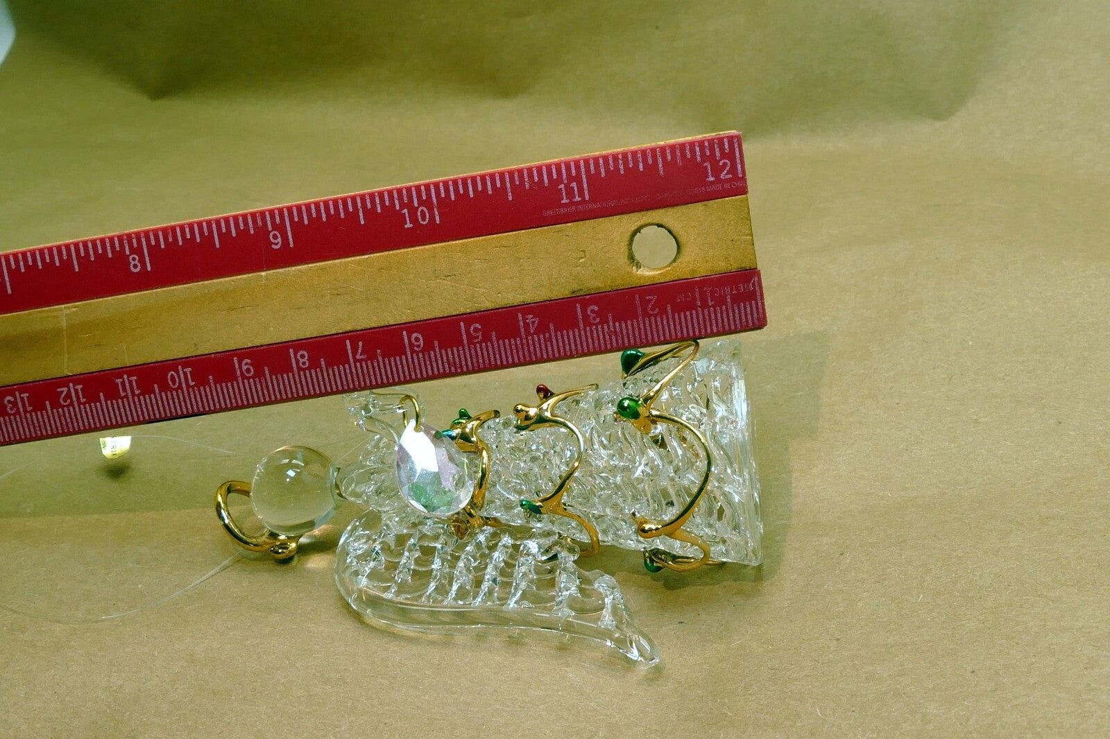 Spun Glass Crystal Christmas Ornament  gold green red hanging 4" tall