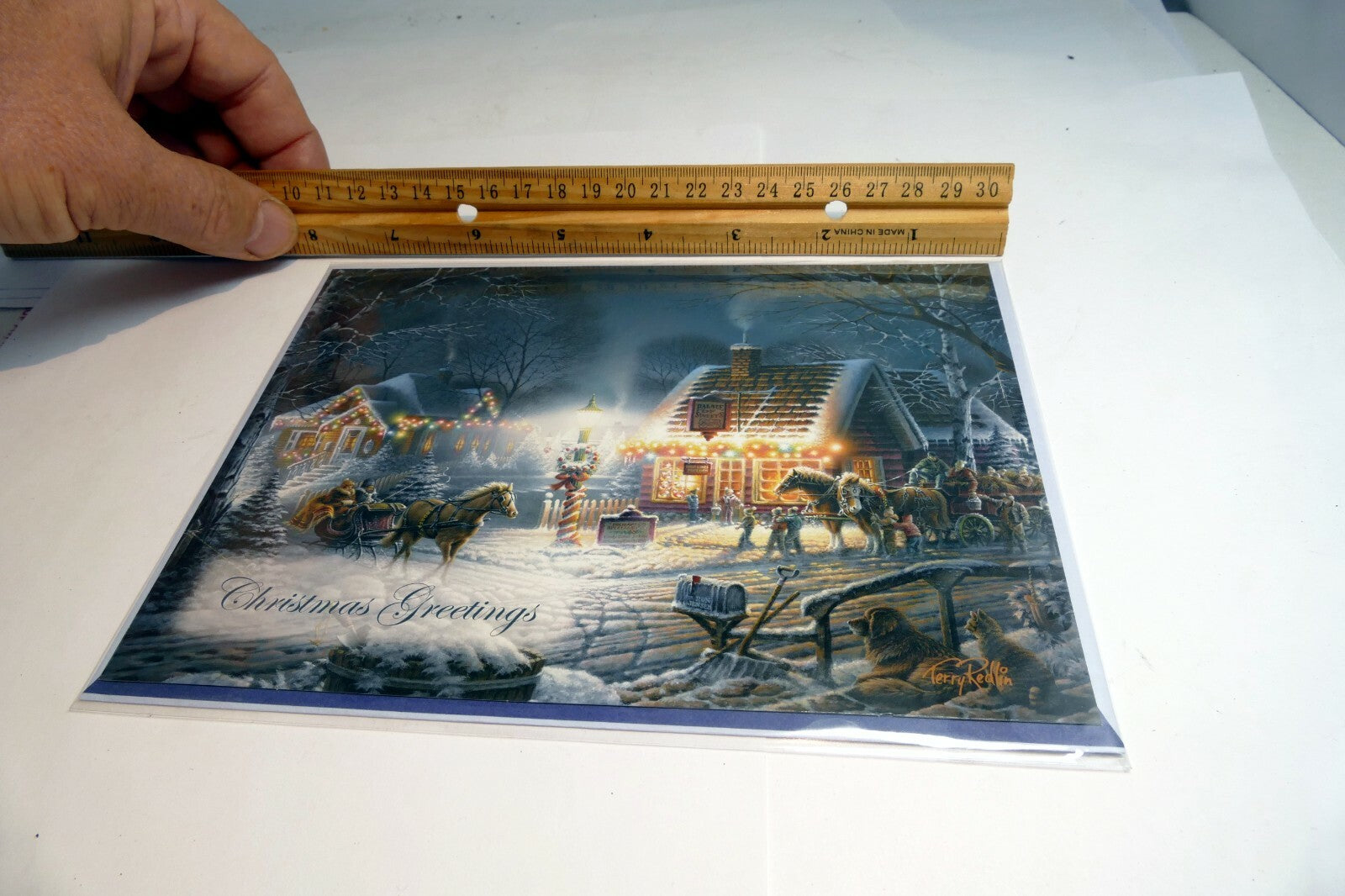 Christmas Card Season's Greeting vintage home snow winter horse sleigh dog kids