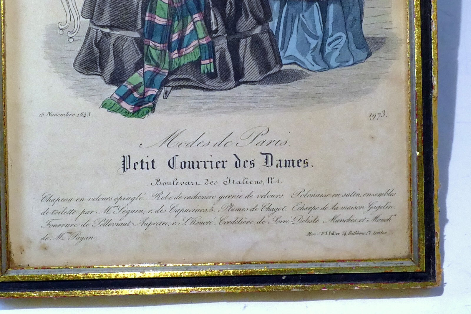 French Antique 1843 Hand coloured engraving Petit Courier des Dames Paris print
