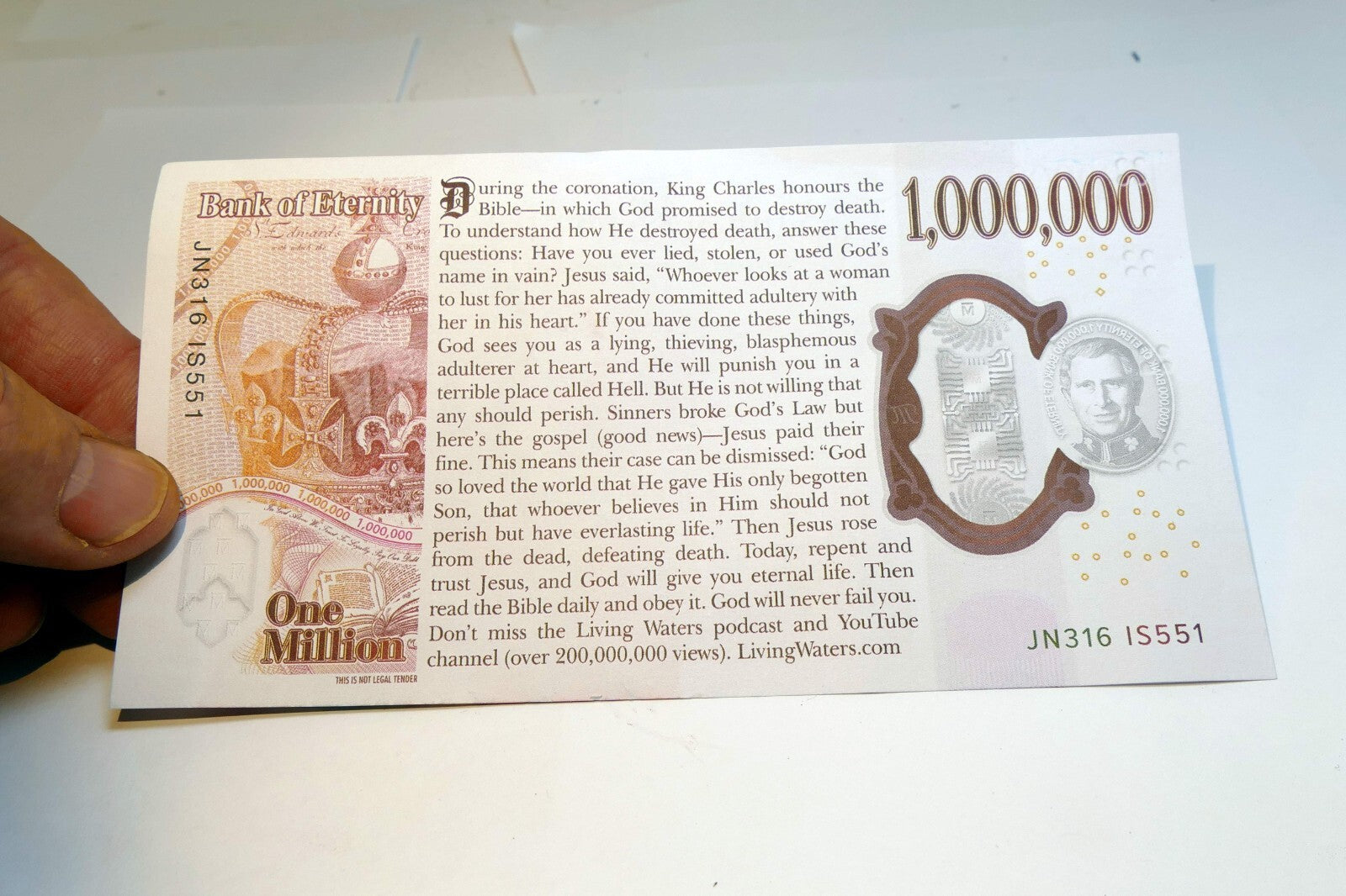 Bank of England £1,000,000 note bill " In God We Trust" Religious message sinner