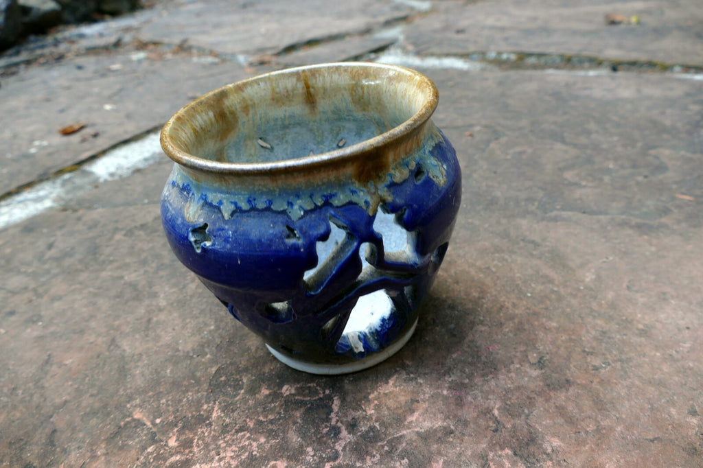 glazed planter Blue with stars 5.5X5.5" small succulent orchid candle holder