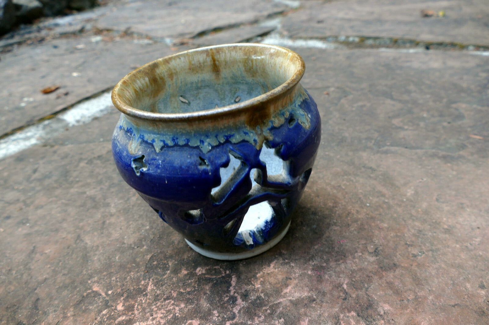 glazed planter Blue with stars 5.5X5.5" small succulent orchid candle holder