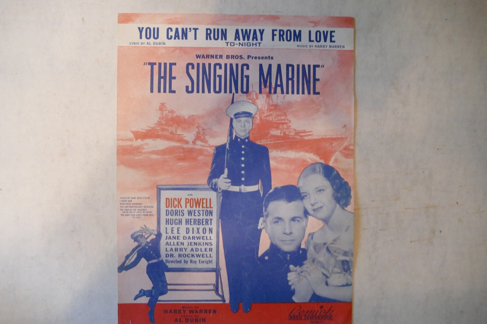 You can't run away from love, sheet music 1937, "the singing marine", al dubin, harry warren