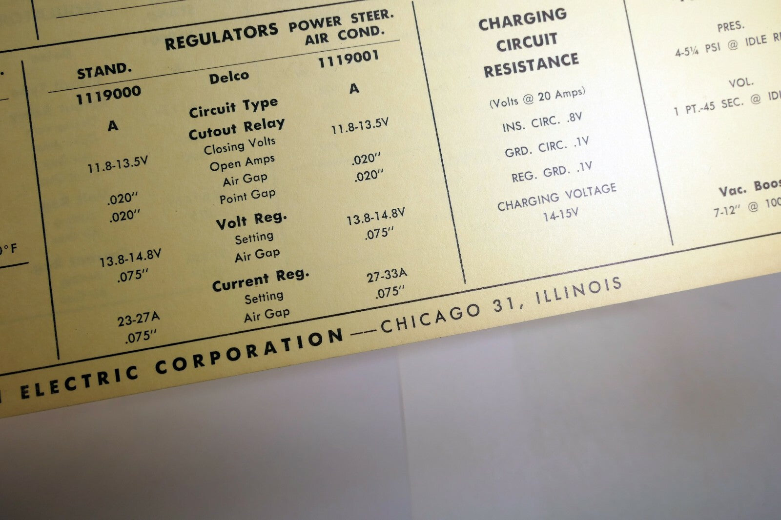 1956 Chrysler V8 1500 2100 2400 & Power Pak Sun Electric Car Specs Sheet Chart
