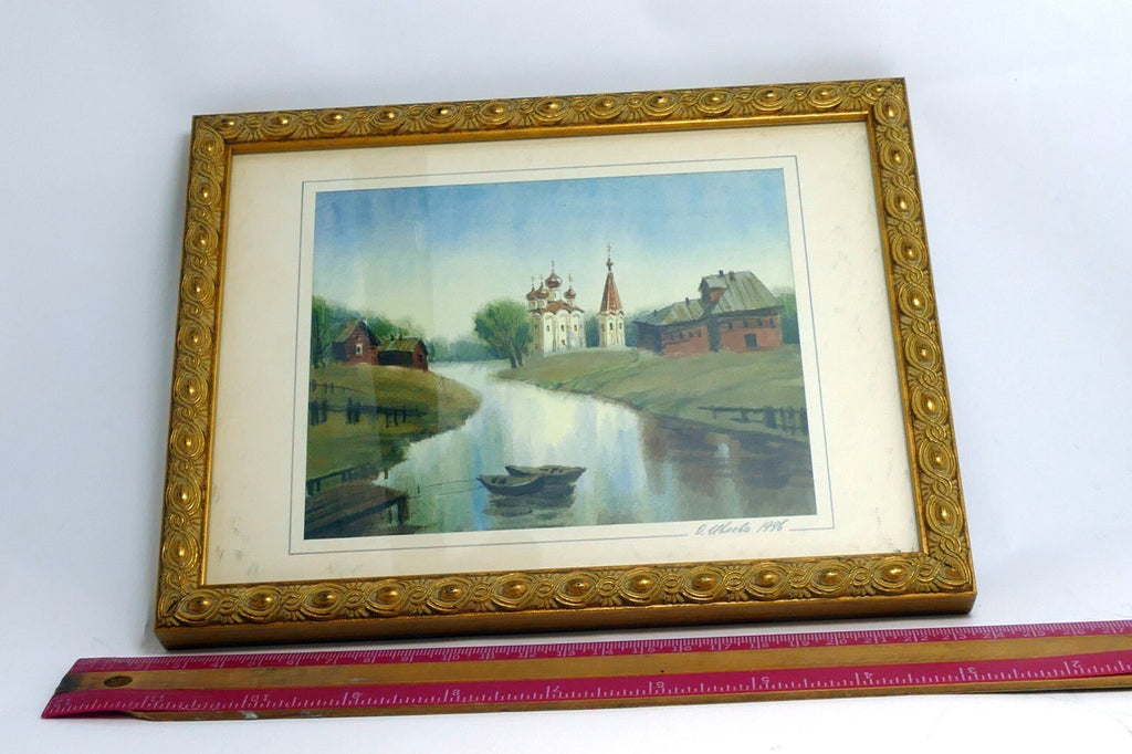 Olga Ivleva Watercolor Signed Russia village river church Art framed