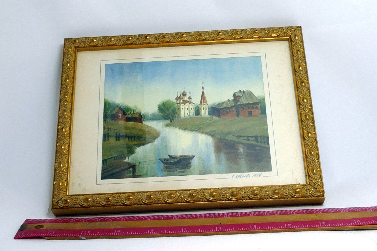 Olga Ivleva Watercolor Signed Russia village river church Art framed