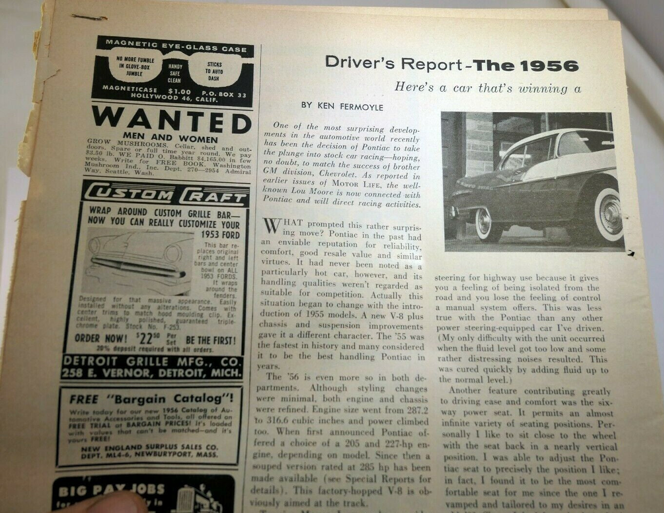 Pontiac 1956 catalina motor life magazine clipping advertisement ad