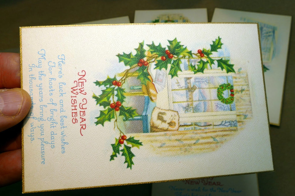 Unposted Postcard lot from 1950's Happy New Year snow scene window