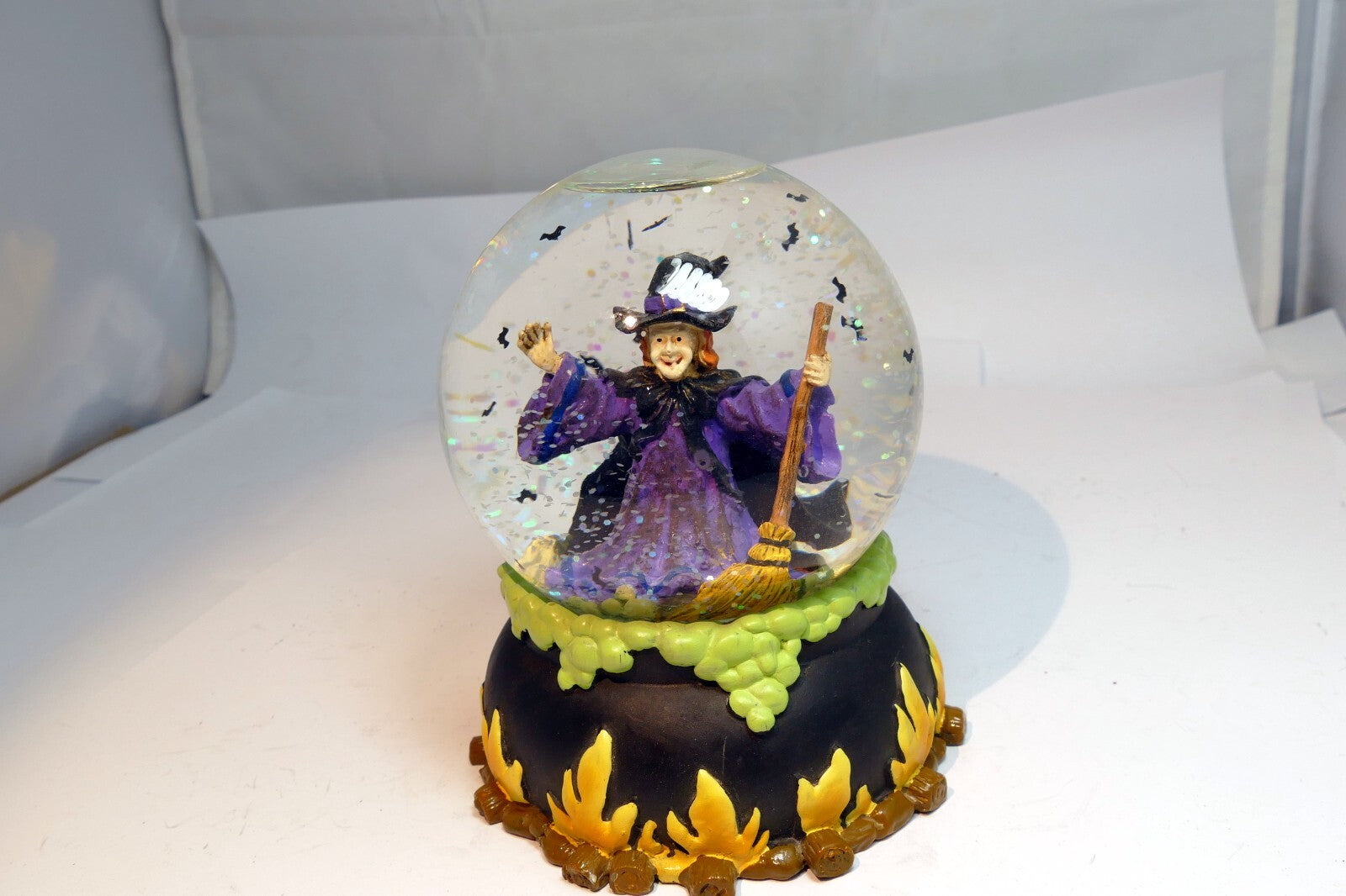Halloween Snow Water Globe  Ball 3" Witch burning on fire with bats broom