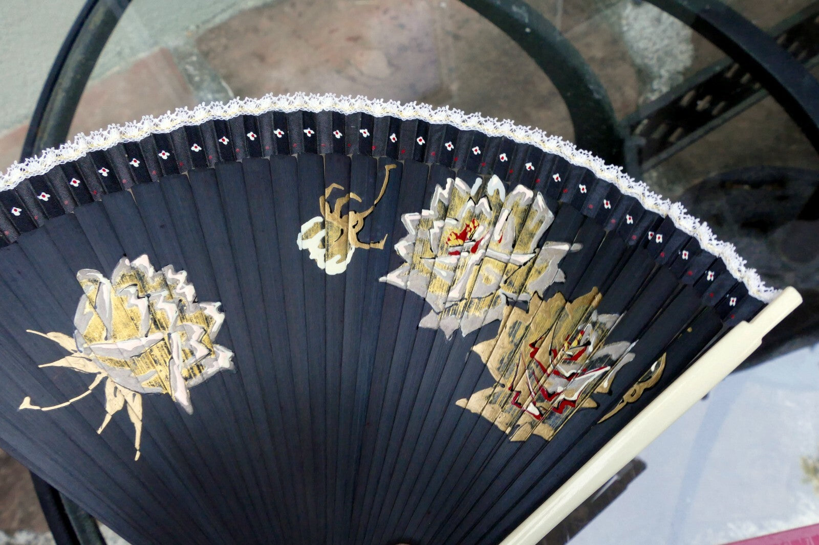 Japanese hand folding fan, bamboo black pink red gold roses