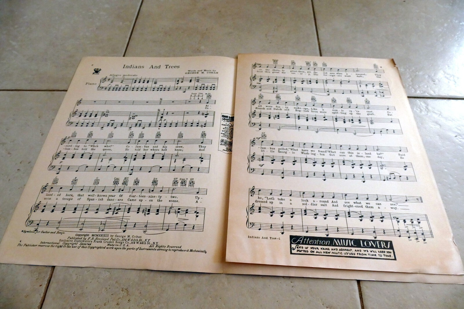Indians and Trees by George Cohan 1933 Music Sheet New York USA