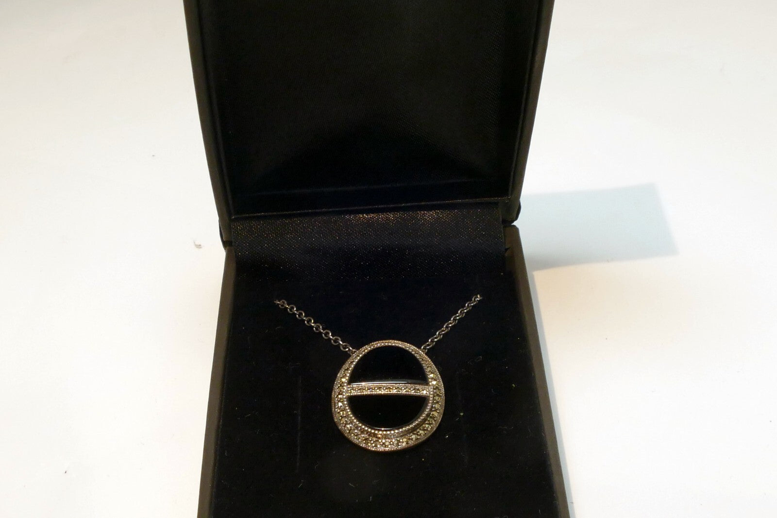 Sterling Silver Black Onyx Oval & Marcasite Pendant Necklace .925 18"