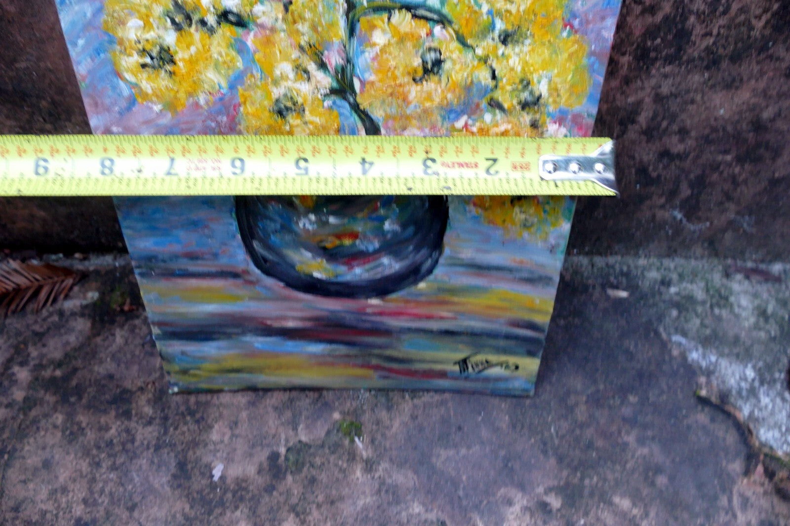 Oil Painting of  Blue Yellow Flowers Bouquet Vase Signed Minna ' 63  1963