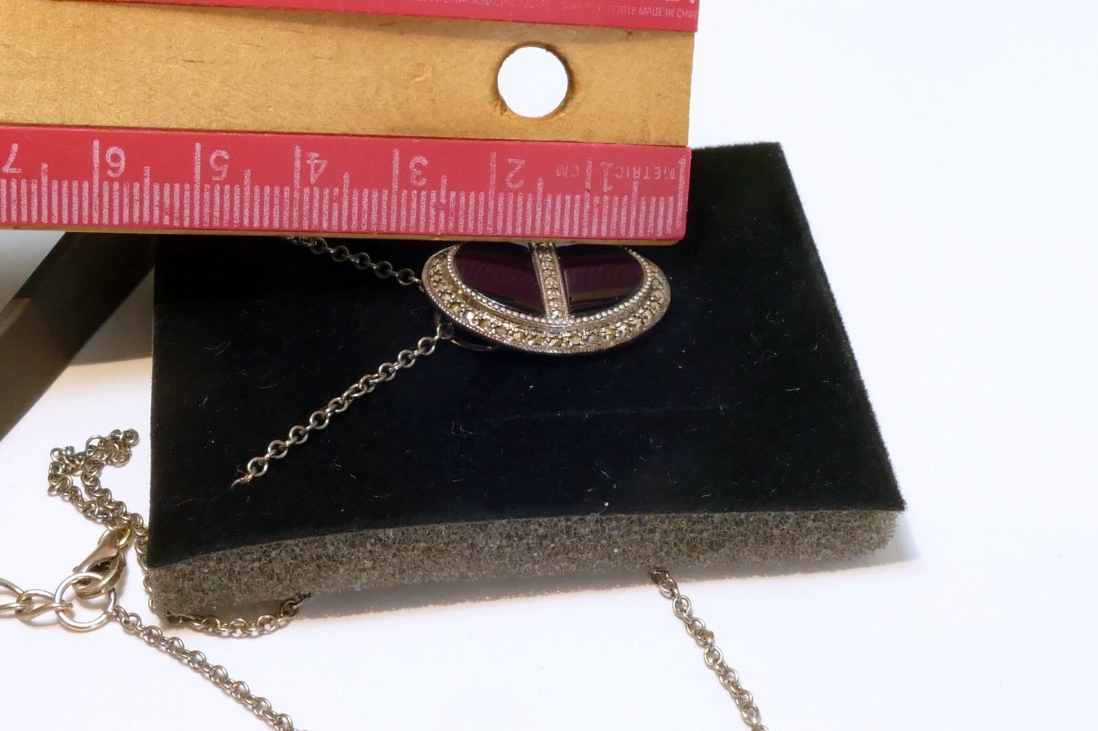 Sterling Silver Black Onyx Oval & Marcasite Pendant Necklace .925 18"
