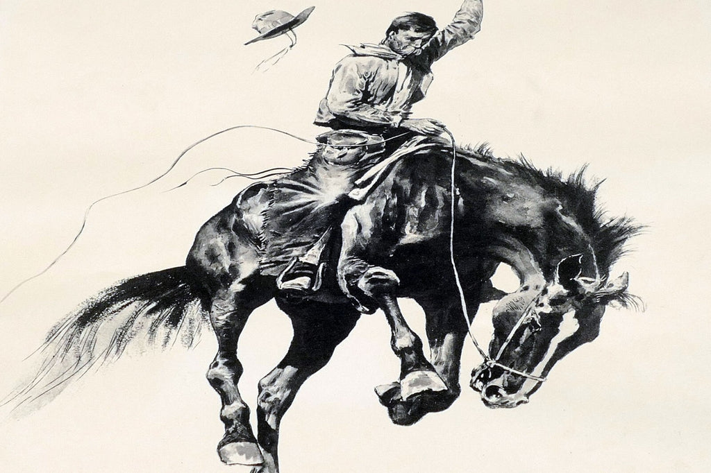 Running Bucker signed Frederic Remington cowboy on a bronco unframed 13X17"