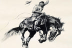 Running Bucker signed Frederic Remington cowboy on a bronco unframed 13X17"