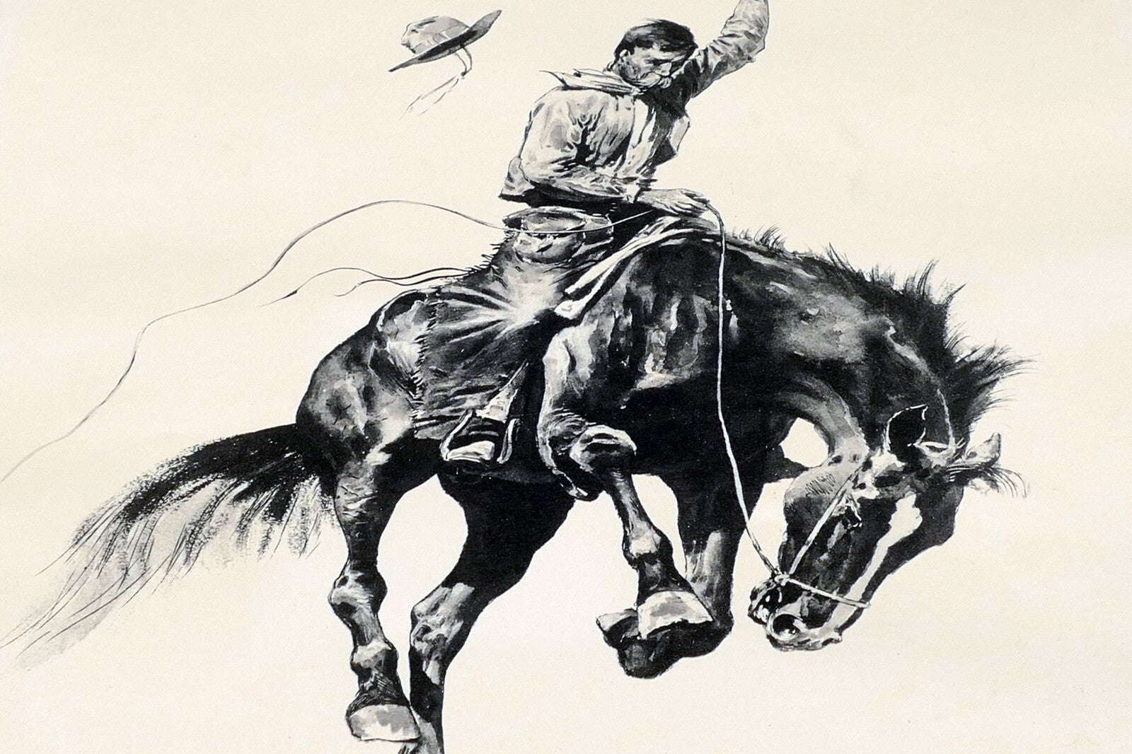 Running Bucker signed Frederic Remington cowboy on a bronco unframed 13X17"