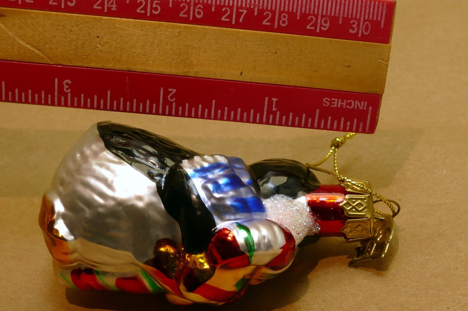 Thomas Pacconi Glass Penguin Christmas Ornament gold Blue w/ a bow