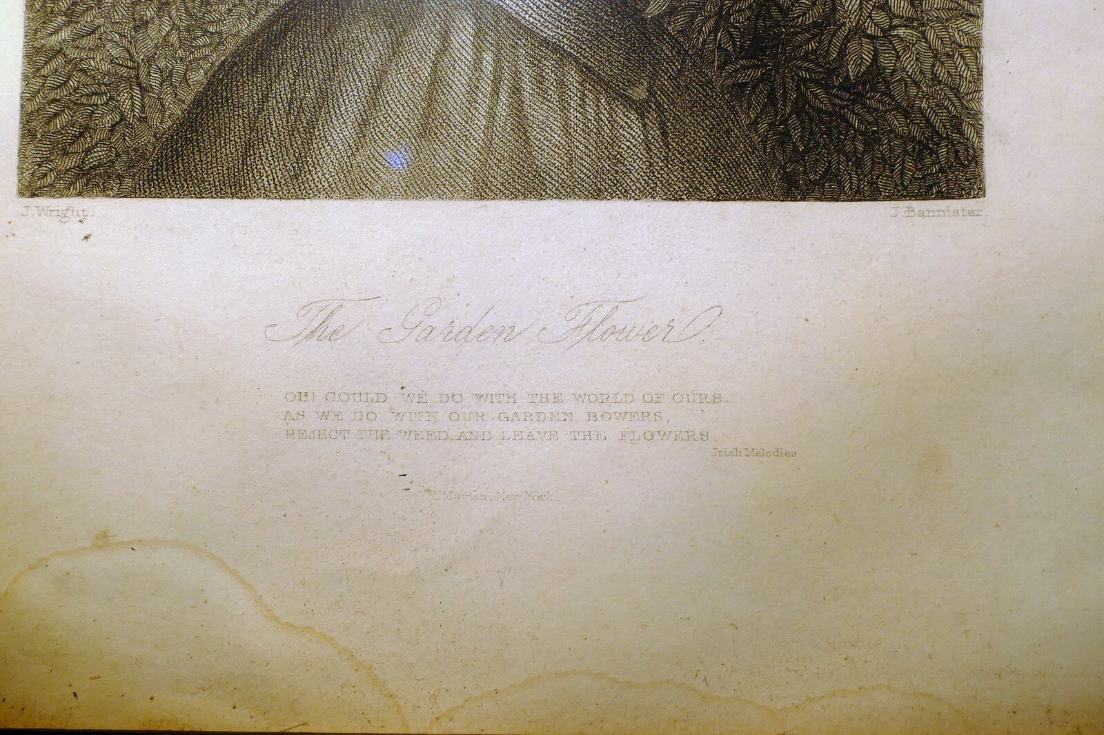 "The Garden Flower" Woman Engraving Victorian J. Wright Print Etching Poetry