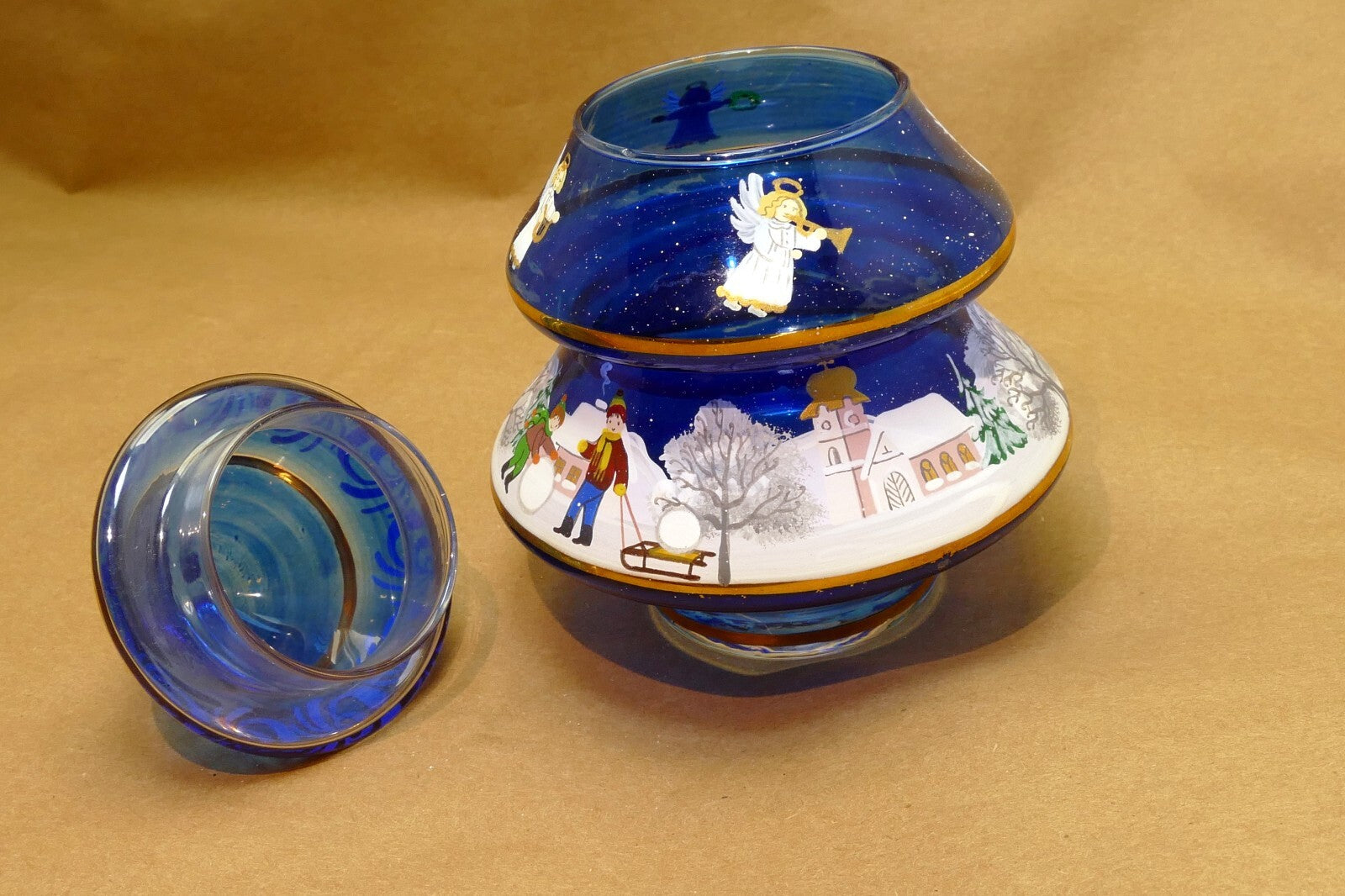 5" Hand Blown Glass Christmas Scene trinket box painted blue