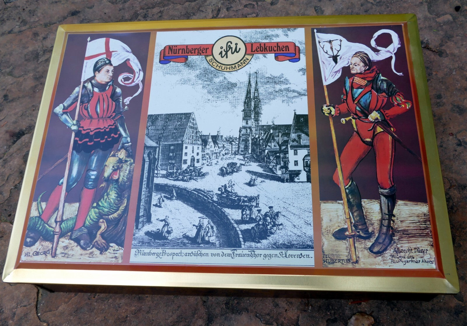 German tin box schumann nürnberger burg lebkuchen 12x15x5" large knight metal