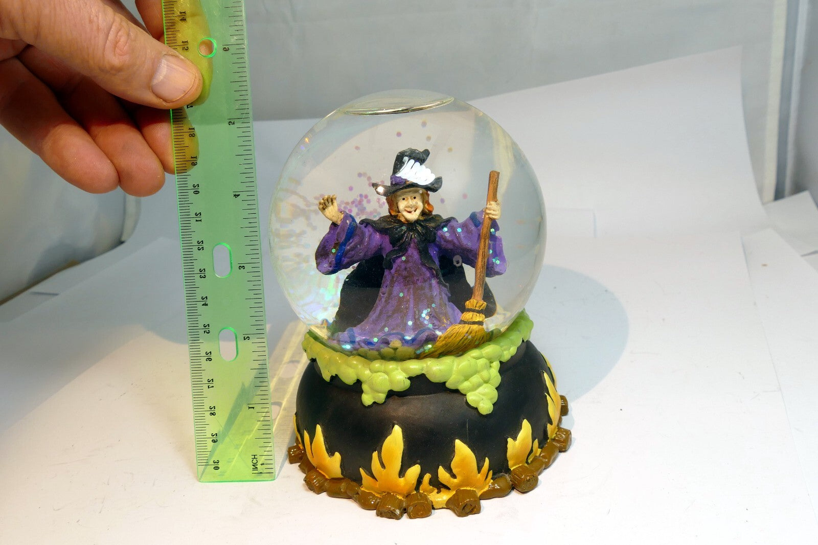 Halloween Snow Water Globe  Ball 3" Witch burning on fire with bats broom